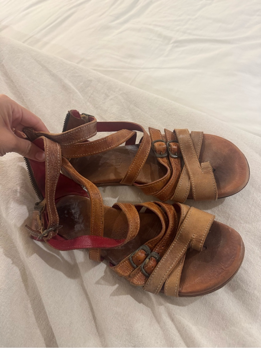 Bed Stu Brown and Tan Multi-Strap Leather Sandals with Red Accent